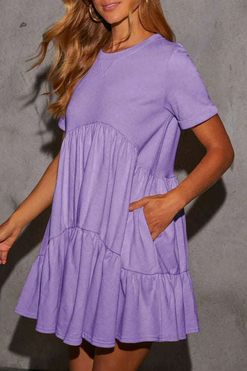 Tiered Round Neck Short Sleeve Mini Dress - Odaingerous